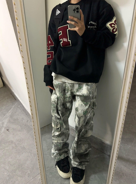 2025新款美式高街复古宽松情侣圆领重磅刺绣卫衣男女显瘦套头上衣