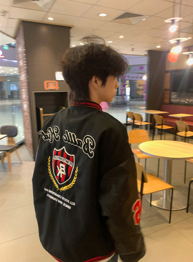 美式复古高街刺绣徽章字母夹克棒球服男女冬季夹棉保暖加厚情侣装