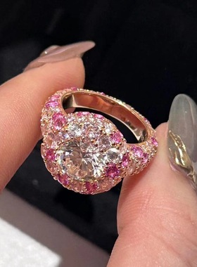 玫瑰殿下渐变红刚玉色粉钻高定戒指女S925纯银镀玫瑰金色轻奢钻戒