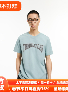 【音乐青年】太平鸟男装 字母刺绣宽松蓝色短袖T恤男潮B1CND3102