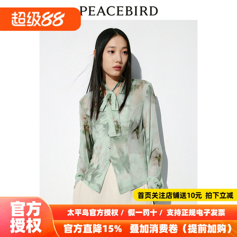太平鸟国风长袖衬衫2026夏季新款女士收腰衬衣可拆卸系带网眼上衣