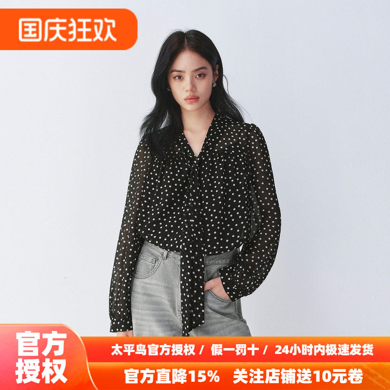 太平鸟复古波点长袖衬衫26秋季新款女士雪纺飘带系带法式优雅衬衣
