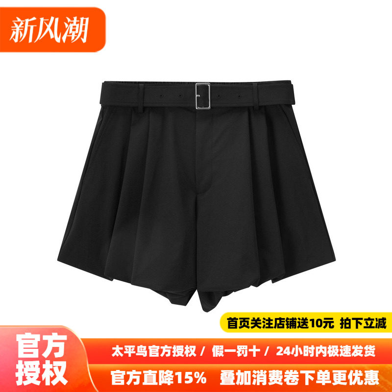 太平鸟高腰黑色短裤秋季时尚附带腰带阔腿直筒休闲中短裤女