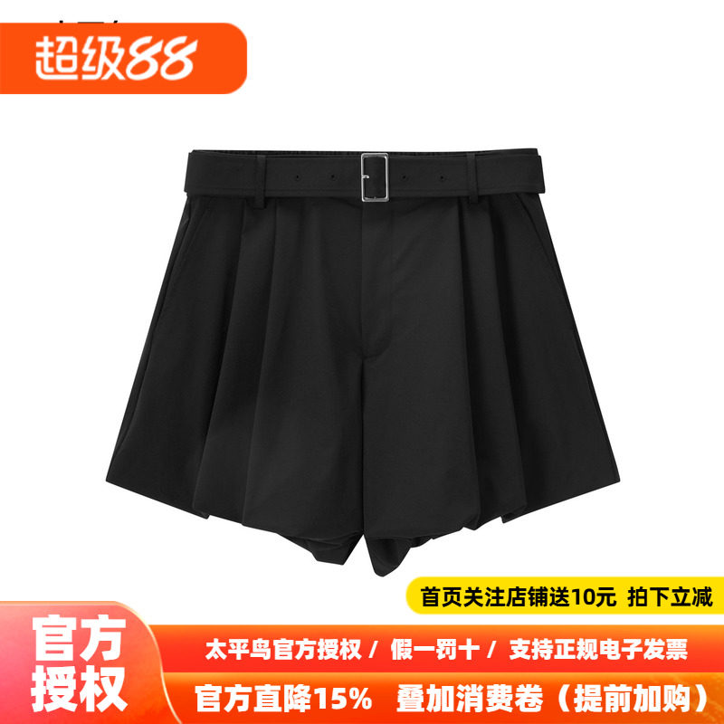 太平鸟高腰黑色短裤秋季时尚附带腰带阔腿直筒休闲中短裤女