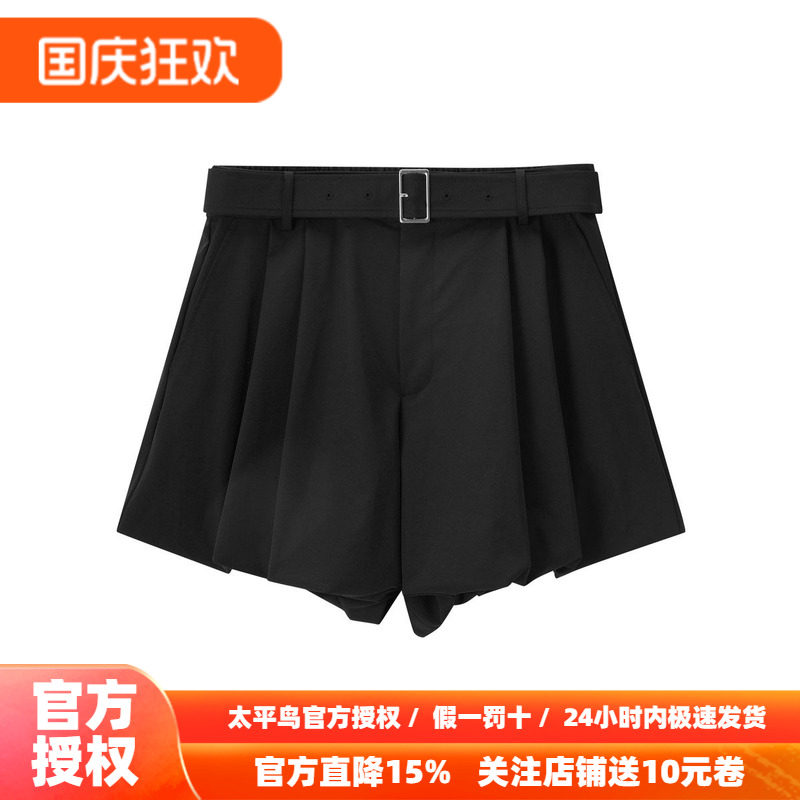 太平鸟高腰黑色短裤秋季时尚附带腰带阔腿直筒休闲中短裤女