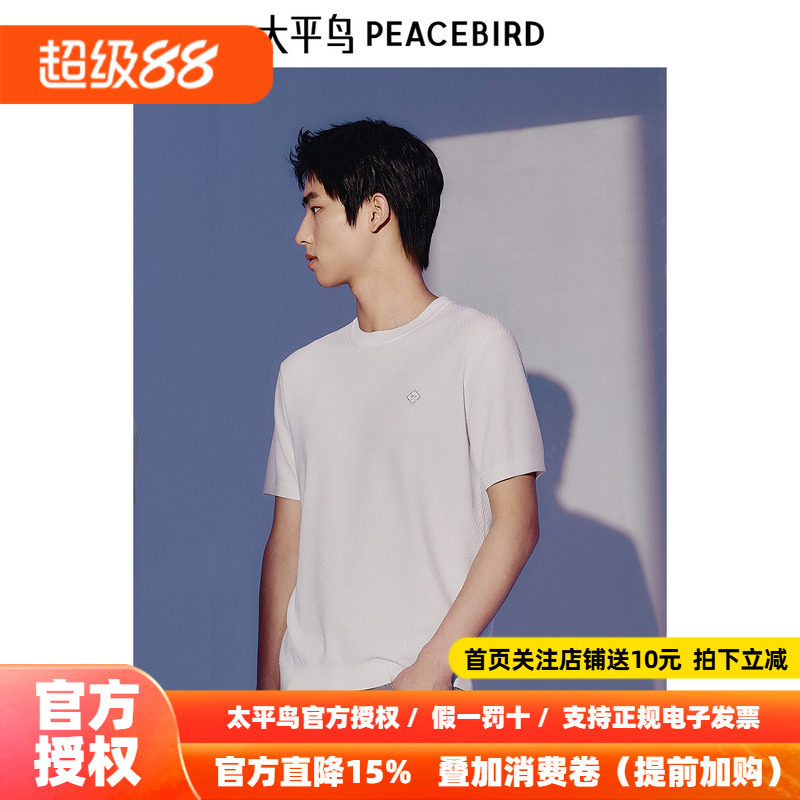 太平鸟男装针织短袖T恤秋季新款刺绣体恤B1EEE21