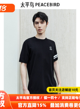 太平鸟男装T恤新款袖条拼接刺绣短袖 B1EEE2114
