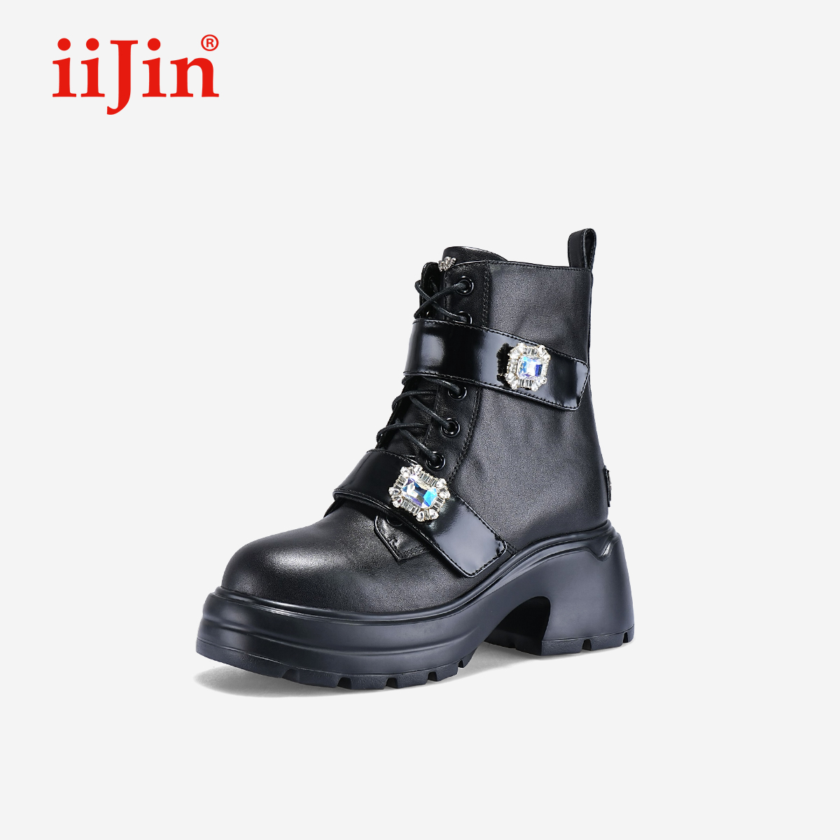 iiJin艾今官方24新品9.5cm厚底内增高时尚钻扣马丁靴女721AMNC