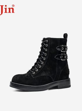 iiJin艾今25新款8cm厚底内增高时尚反绒皮带扣马丁短靴子女594NFA