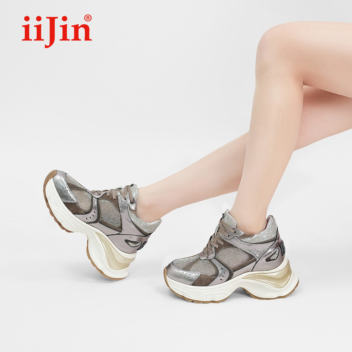 iiJin艾今25春新品10cm厚底内增高拼色网眼透气老爹鞋女943ITB