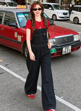 港风复古文艺牛仔背带裤女排扣大口袋设计显高显瘦背带连体牛仔裤