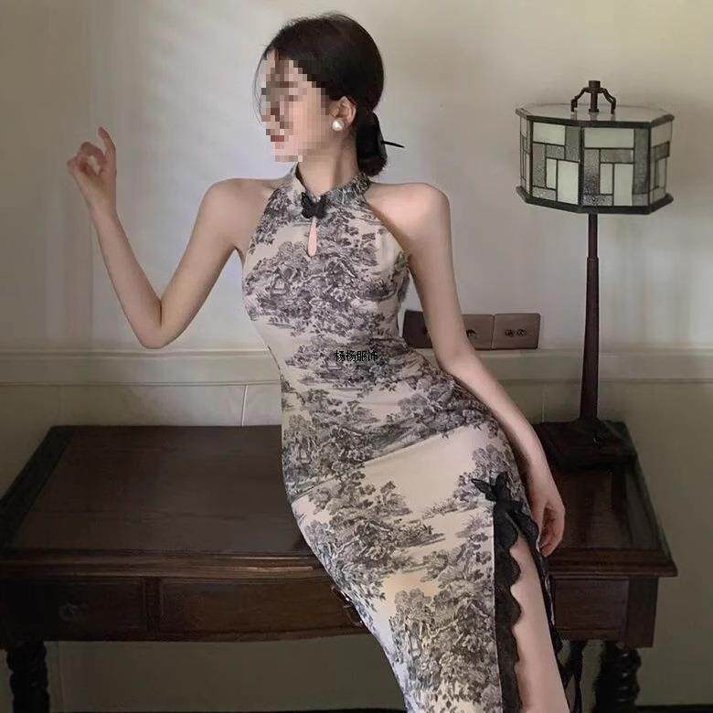 改良式旗袍连衣裙女中国风水墨中长裙2025年夏季新款性感挂脖裙子