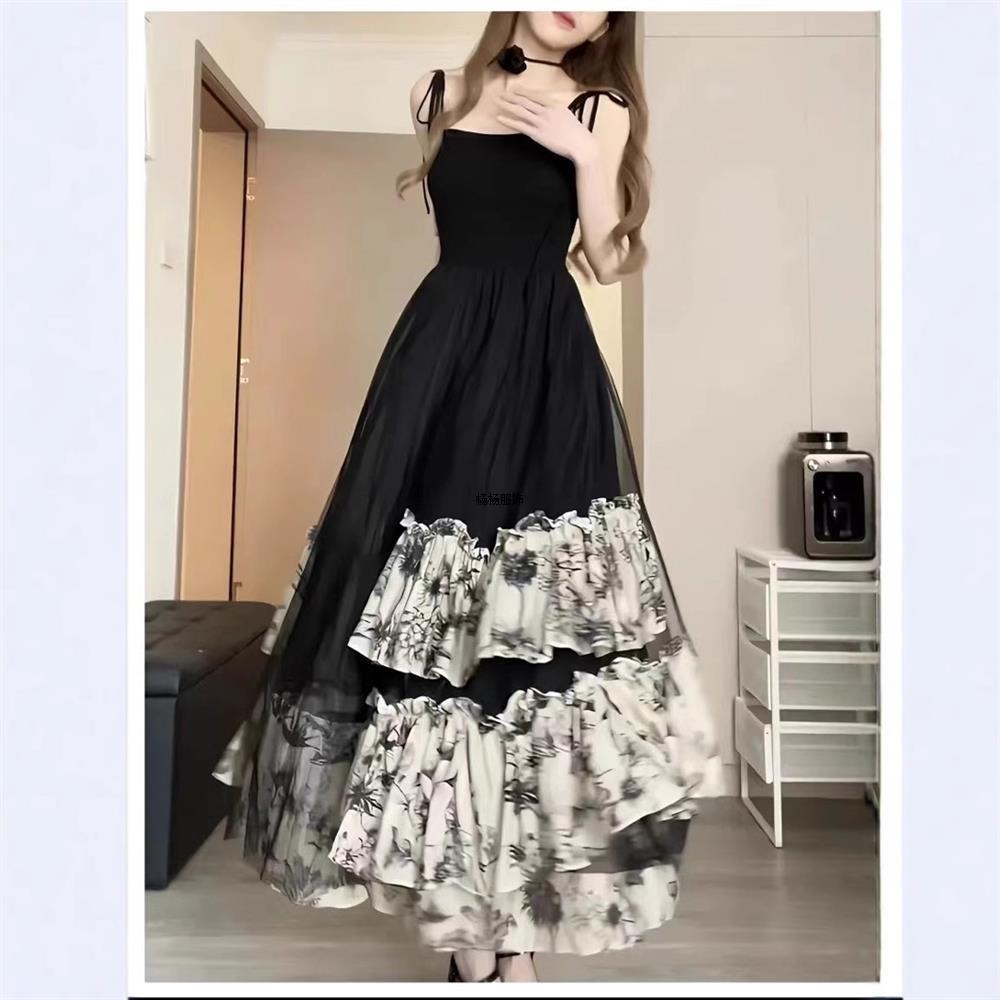 温柔系穿搭女2025夏季新款韩版时尚名媛背心网纱吊带长款连衣裙子