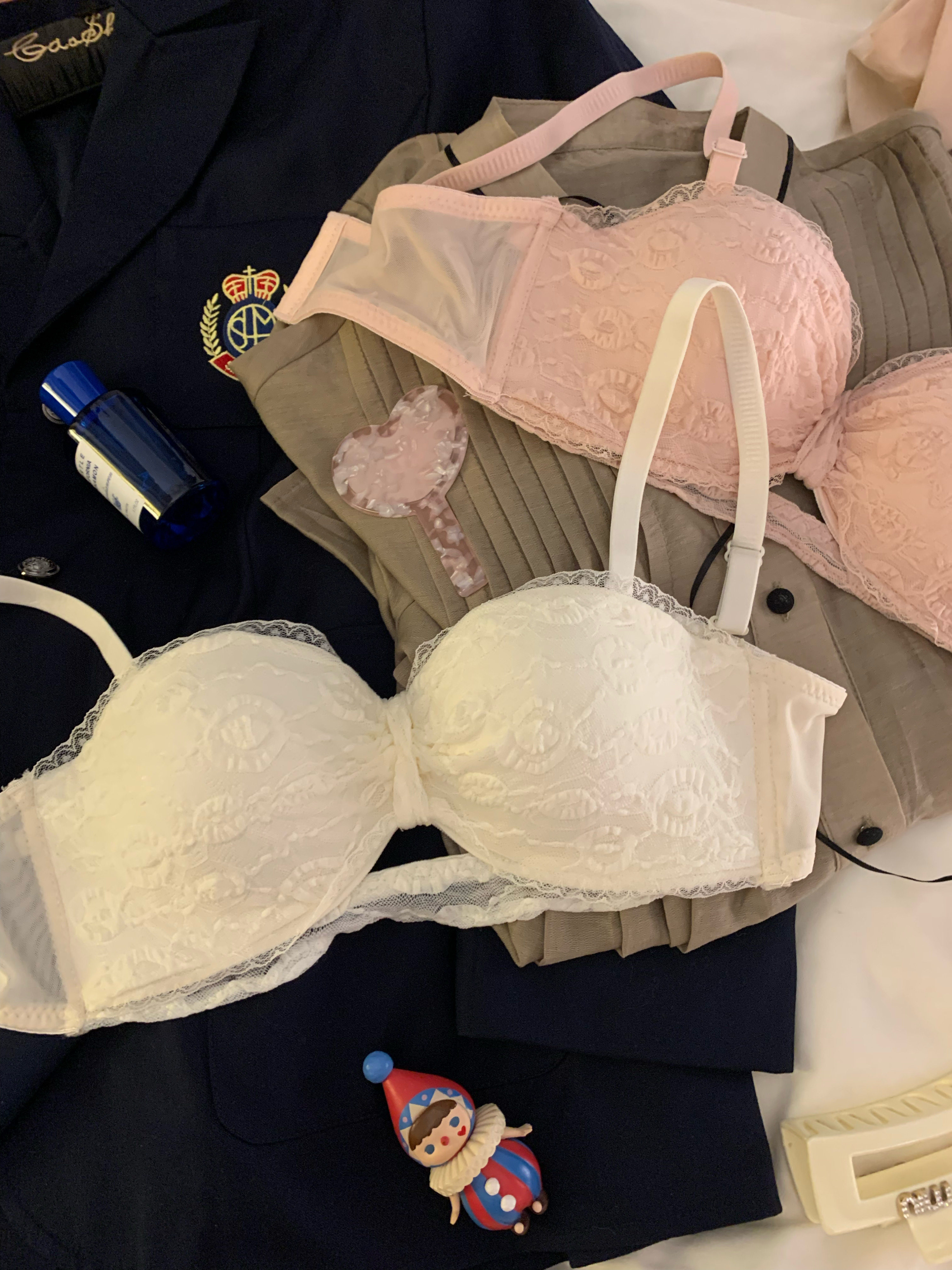 法式内衣女小胸聚拢显大无钢圈纯欲性感蕾丝无肩带抹胸半杯文胸罩