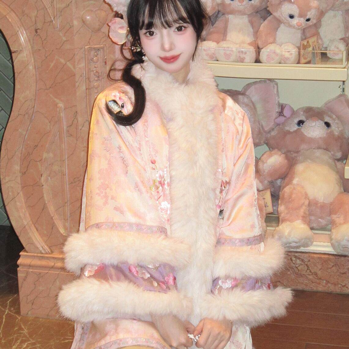 千黛远山【贝小主】刺绣提花新中式汉元素女毛绒对襟袄裤冬厚款