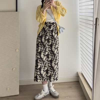 2026春秋油画碎花半身裙扎染印花高腰开叉直筒裙显瘦百搭裙子