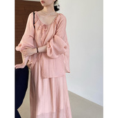 茉莉甜茶浪漫纹理皱高级垂感防晒微透衬衫 两件套 大摆半身裙套装