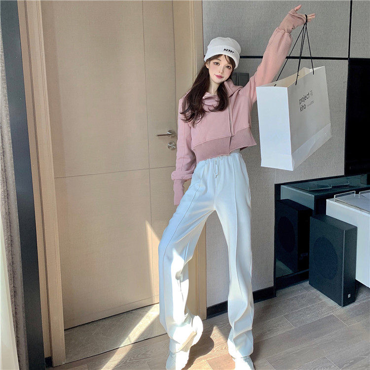 Real shot fried Street pants women's Korean loose straight sports pants vertical sense straight casual pants white wide leg pants