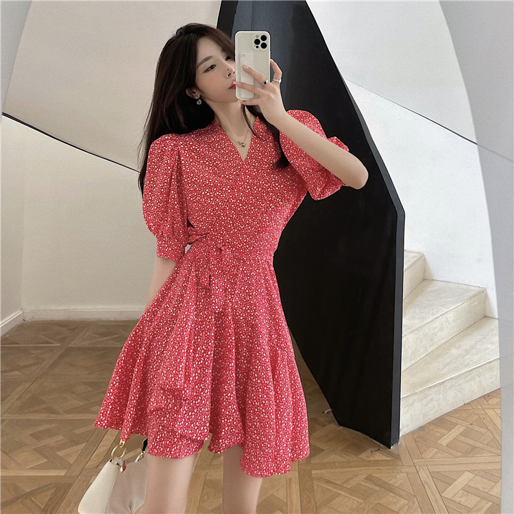 Real photo dress women's summer V-neck bubble sleeve lace up waist tea dress French sweet floral dress