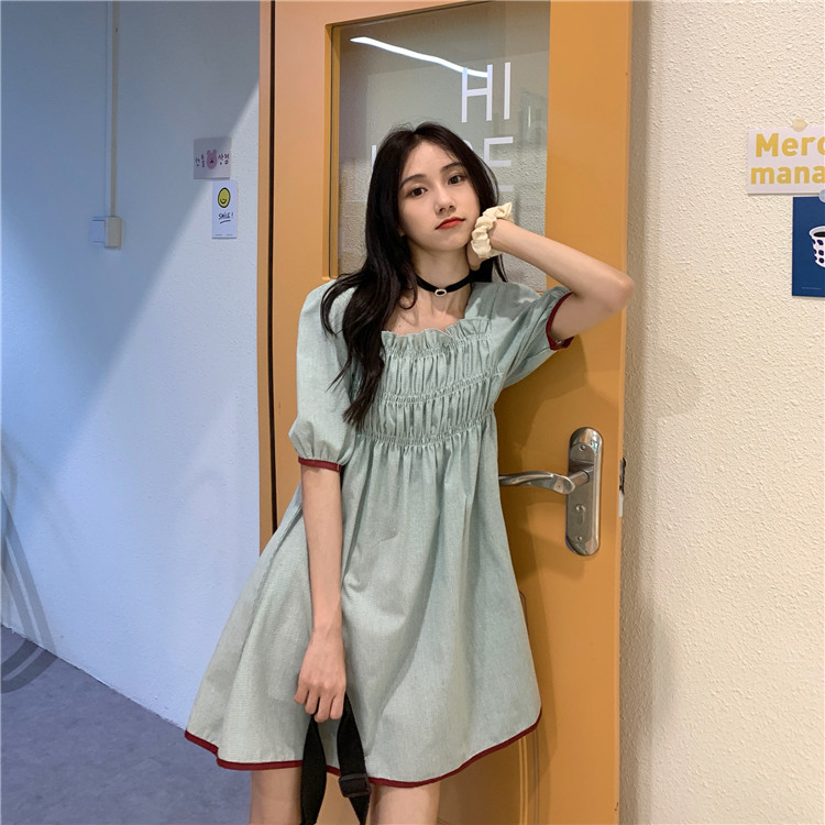 Real shot Green Plaid square collar French dress short bubble sleeve baby dress color contrast design