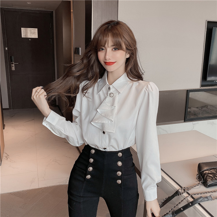 Real style French pleated detachable retro white shirt design feeling minority shirt autumn