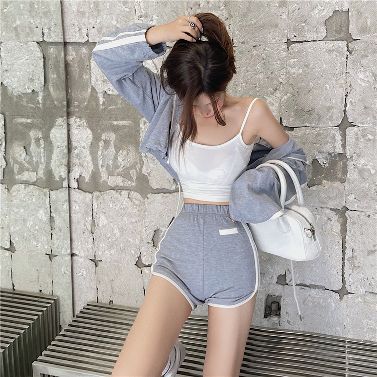 Real shot lazy Bi with fashionable sport stripe three piece coat suspender shorts suit