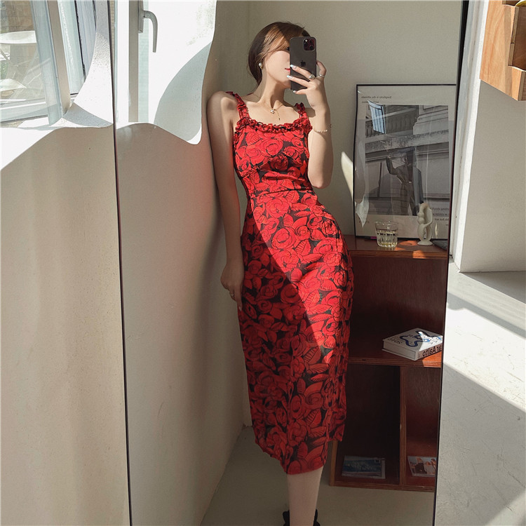 French suspender dress new slim and long floral dress in spring