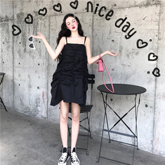 Real photo 2020 summer new pleated retro suspender dress show thin baby skirt