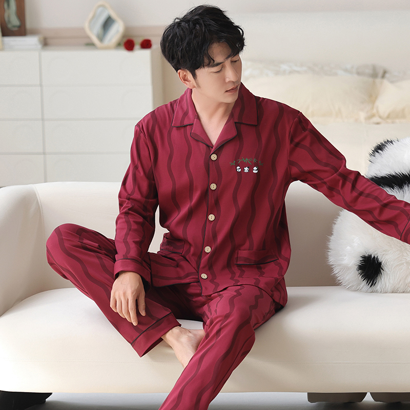 睡衣男春秋季纯棉长袖开衫红色2025新款本命年结婚喜庆家居服套装