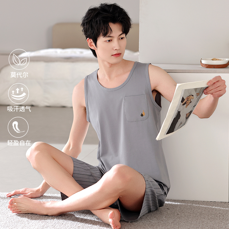 莫代尔睡衣男款夏季2025新款凉感无袖背心短裤大码宽松家居服套装