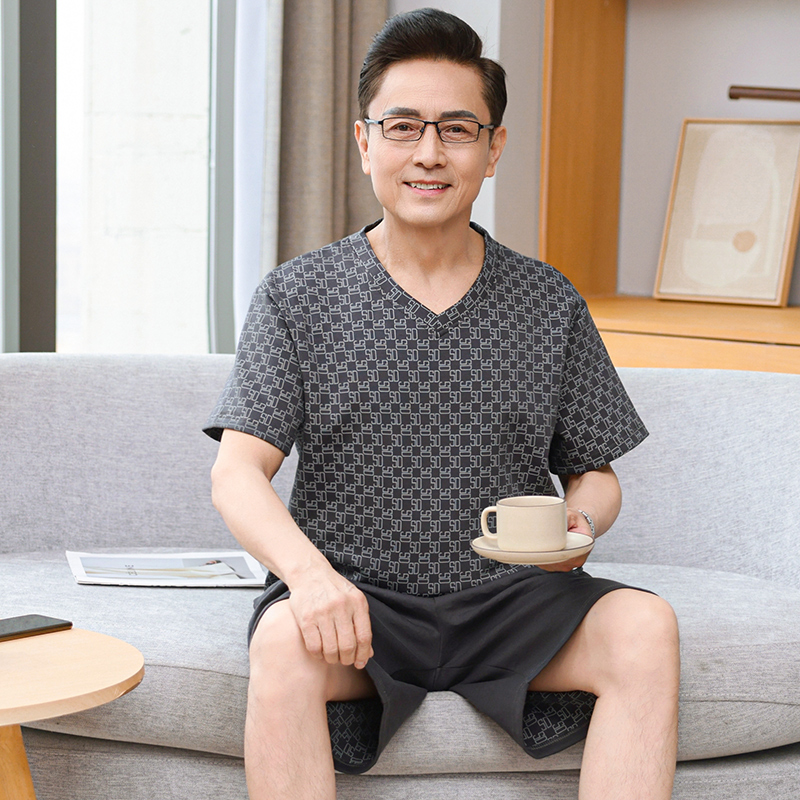男士睡衣夏季纯棉薄款短袖短裤加肥加大码中老年人爸爸家居服套装