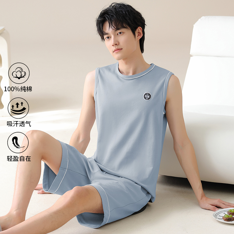 男士背心睡衣夏季薄款纯棉无袖短裤套装2025新款休闲家居服可外穿