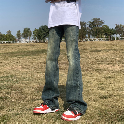 高街美式水洗做旧微喇牛仔裤男复古潮牌宽松直筒休闲裤子男款春季