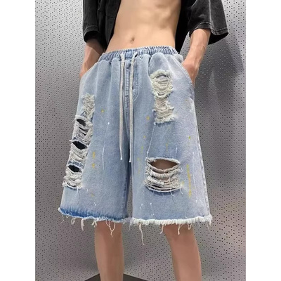 高街潮牌泼墨牛仔短裤男夏季薄款宽松直筒美式设计感休闲五分短裤