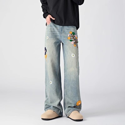 美式花朵刺绣牛仔裤男春季高街cleanfit微喇长裤潮牌宽松阔腿裤子
