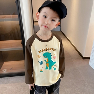 2025秋季 t恤 新款 拼袖 27kids童装 插肩恐龙卡通打底衫 男童纯棉长袖