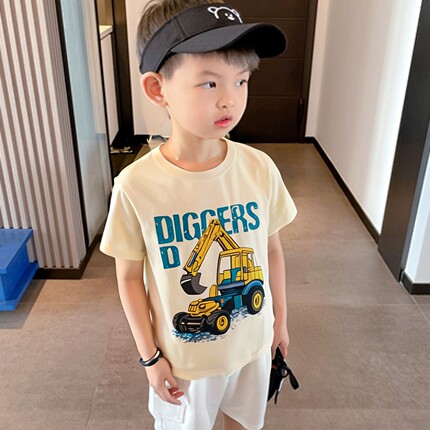 韩版童装夏季新品男孩子纯棉T恤短袖卡通挖掘机儿童服装宝宝衣服