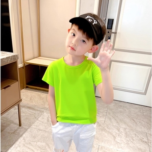 27kids儿童纯棉短袖T恤 男童夏季纯色圆领荧光绿宝宝百搭半袖上衣