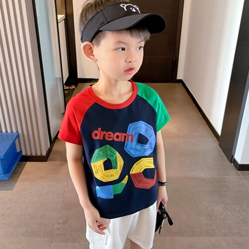 韩版童装儿童拼袖色纯棉短袖T恤