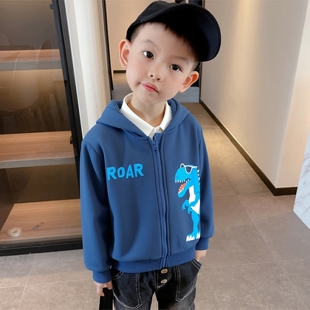 品牌外贸童装2026春季拉链衫男宝宝衣服连帽恐龙印花儿童加绒外套