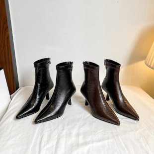 尖头短靴女2025秋冬新款女靴瘦瘦靴时装高跟靴子女欧美细跟短筒靴