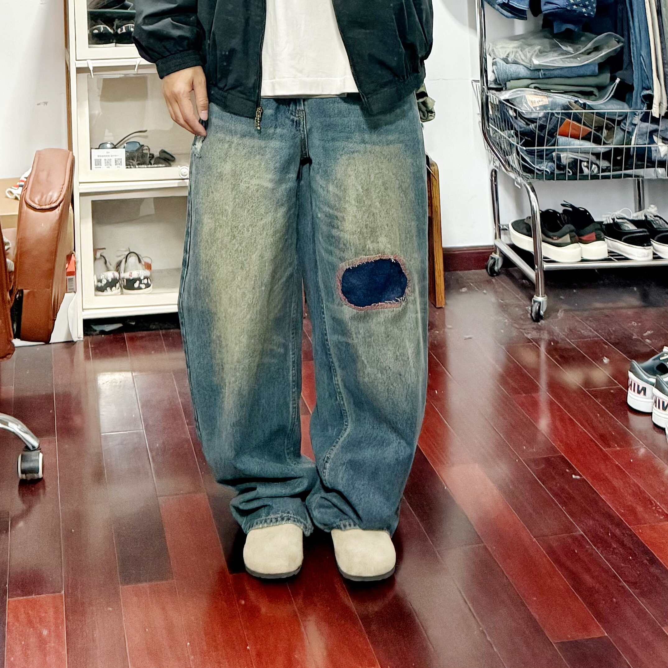 高定版秋冬款忧郁富二代贴布补丁牛仔裤男女同款宽松直筒阔腿长裤