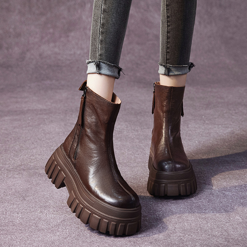 厚底马丁靴女秋冬新款欧美时尚真皮手抓纹双拉链小个子高跟短
