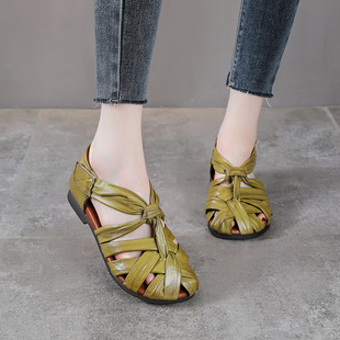 夏季新款真皮包头凉鞋头层牛皮复古手工编织软底包跟罗马女凉鞋