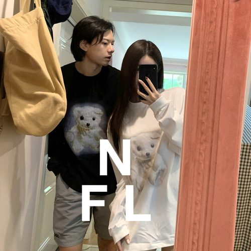 情侣款可爱小熊LOGO印花长袖T恤