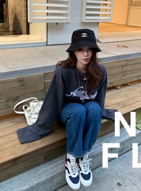 【NEW FOOLLAND】AcN12025秋冬复古宽松字母Logo刺绣长袖情侣T恤