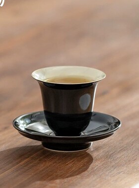三物墨玉品茗杯带杯垫家用精致黑