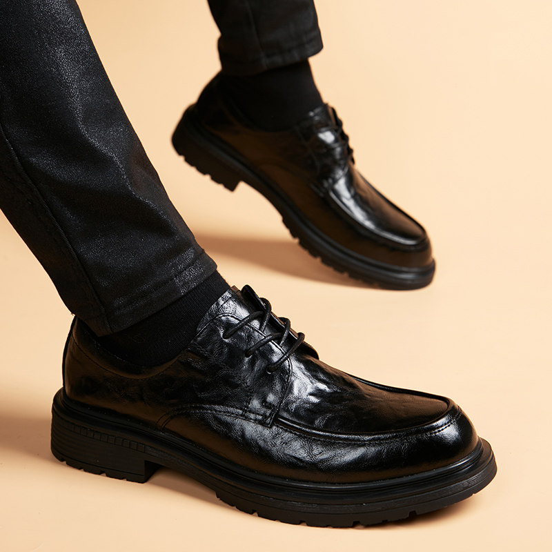 男士皮鞋男夏季英伦风黑色圆头厚底小皮鞋休闲男鞋2023新款鞋子潮