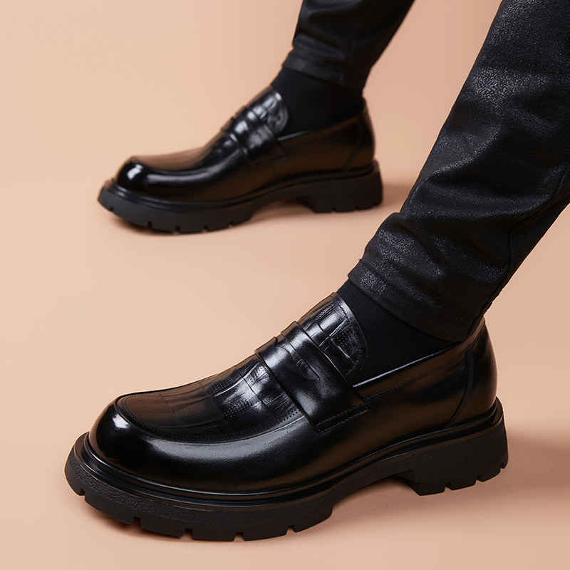 头层牛皮套脚皮鞋男款真皮商务休闲鞋英伦潮厚底增高一脚蹬乐福鞋