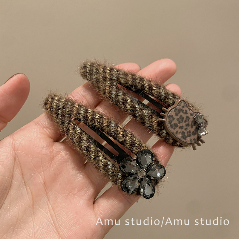 秋冬毛绒豹纹KT水晶花朵发夹女前额碎发BB夹侧边刘海边夹发卡头饰